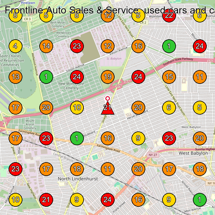 Frontline Auto Sales & Service: used cars and car loans Used Car Dealer GeoGrid ranking map for West Babylon NY